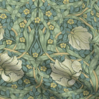 William Morris Pimpernel home decor fabric by the yard in Heritage Green, close view of the cloth