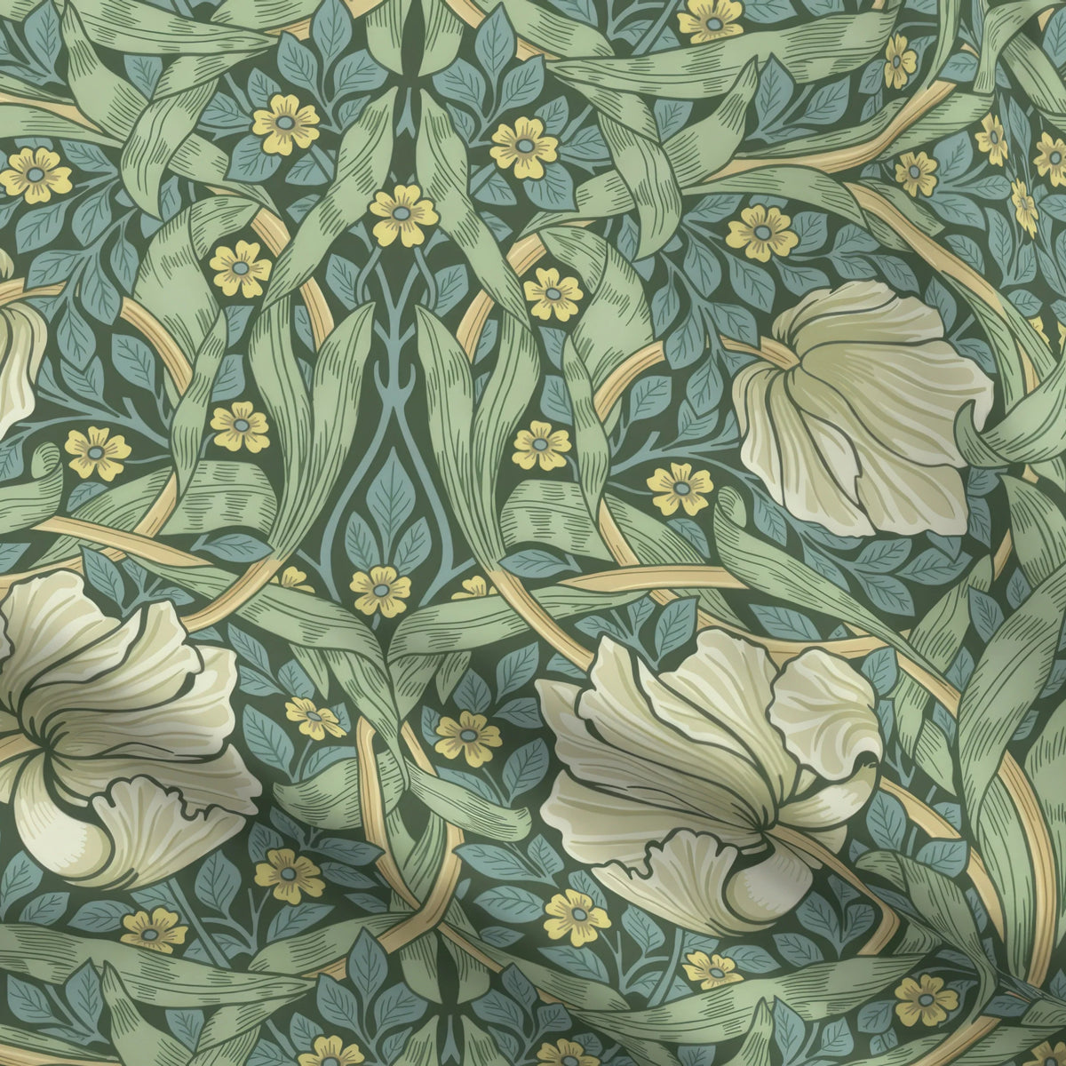 William Morris Pimpernel home decor fabric by the yard in Heritage Green, close view of the cloth