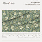 Pimpernel in Heritage Green shown 60 inches across with a ruler, pattern repeat 24 by 18.9 inches