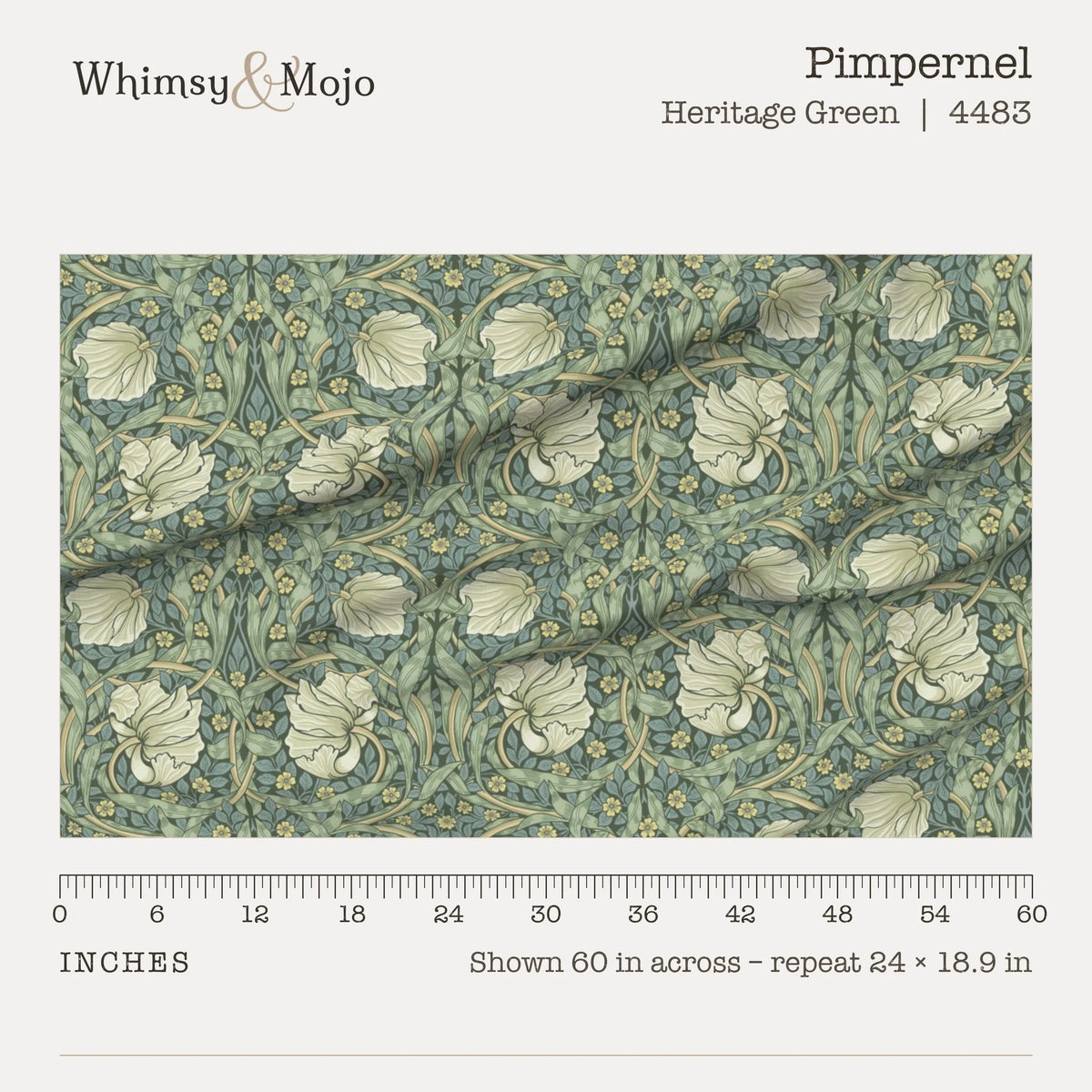 Pimpernel in Heritage Green shown 60 inches across with a ruler, pattern repeat 24 by 18.9 inches