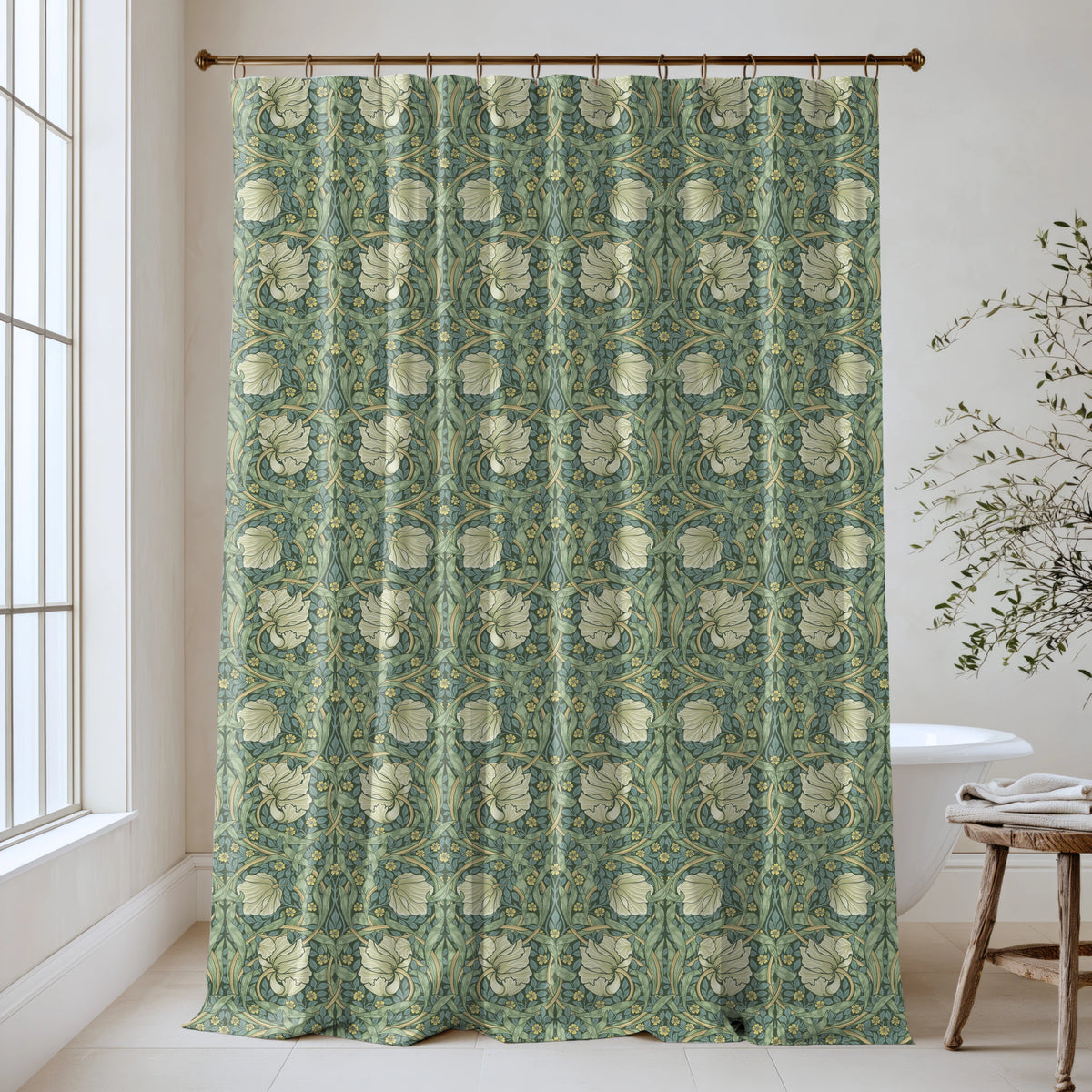 William Morris Pimpernel extra long shower curtain in Heritage Green 4483: creamy tulips and leafy greens on a heritage forest-green ground. Floor-length cotton sateen hung from a high-mounted rod in a bright bathroom, handmade to order in 84, 96 and 108 inch lengths.