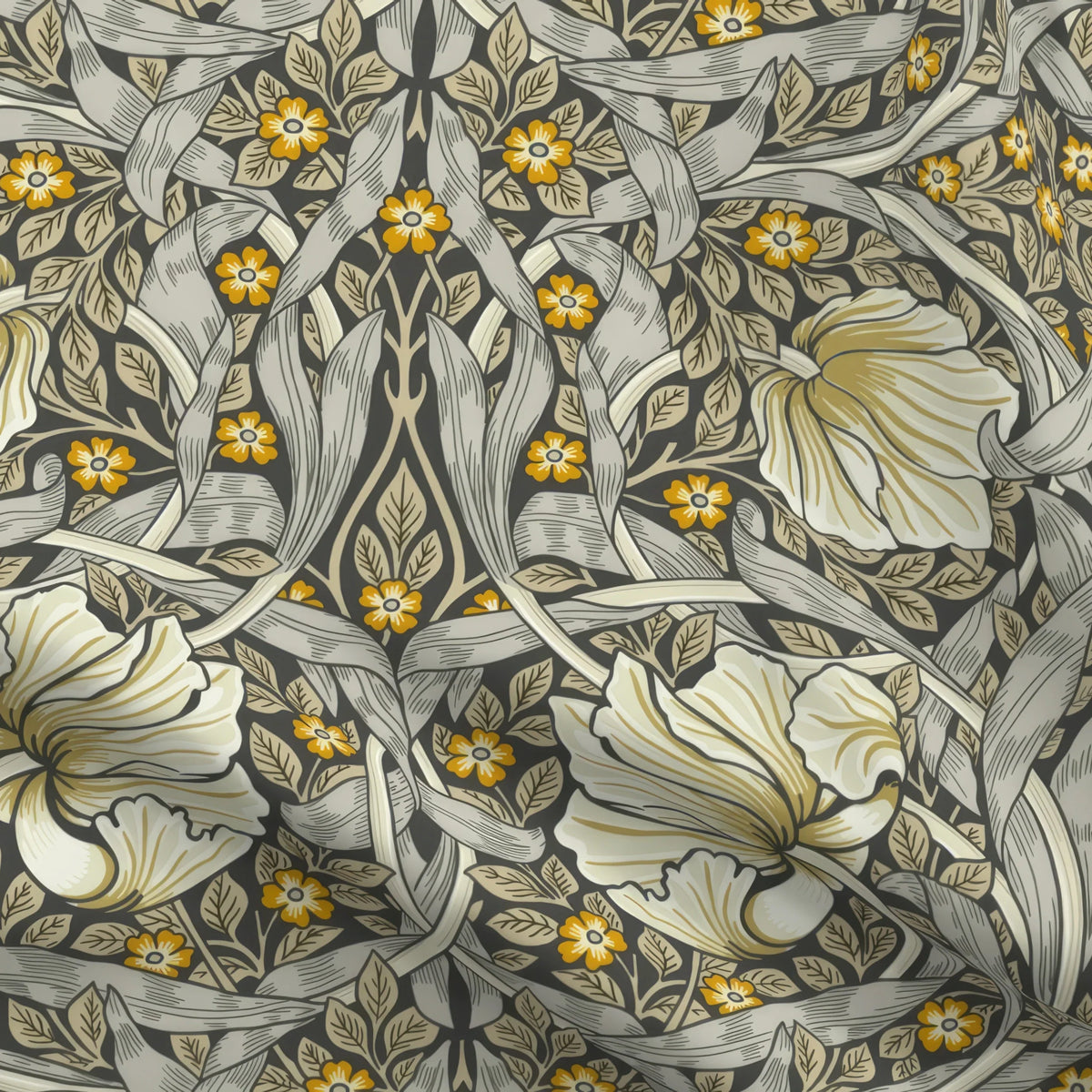 William Morris Pimpernel upholstery fabric by the yard in Heritage Greige and Ochre, close view of the cloth