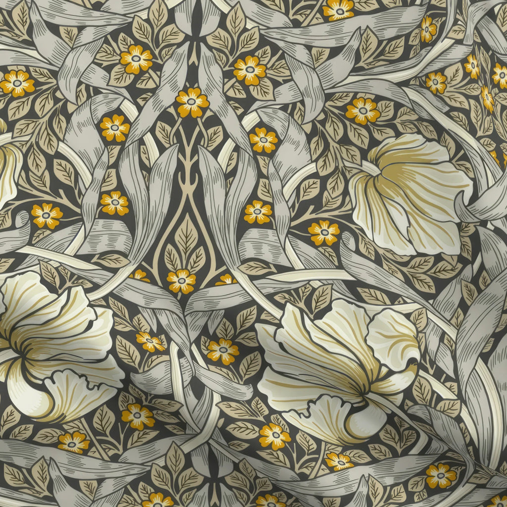 William Morris Pimpernel home decor fabric by the yard in Heritage Greige and Ochre, close view of the cloth