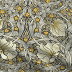 William Morris Pimpernel home decor fabric by the yard in Heritage Greige and Ochre, close view of the cloth