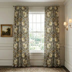 William Morris Pimpernel curtains in Heritage Greige and Ochre on a brass rod, tied back at a window