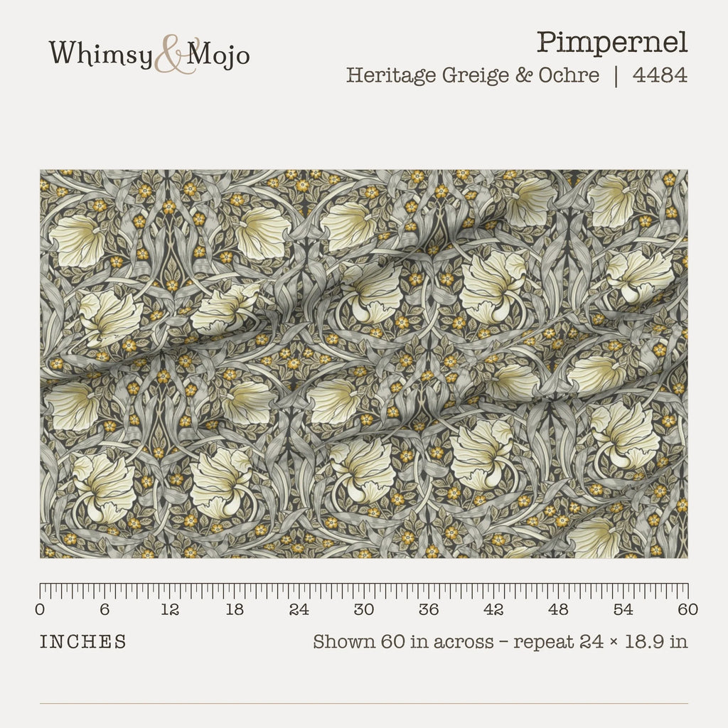 Pimpernel in Heritage Greige and Ochre shown 60 inches across with a ruler, pattern repeat 24 by 18.9 inches
