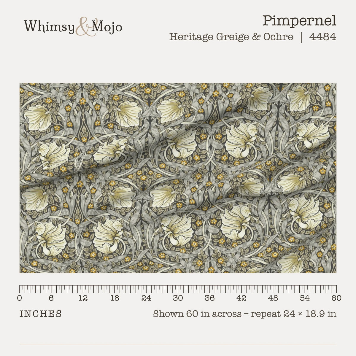 Pimpernel in Heritage Greige and Ochre shown 60 inches across with a ruler, pattern repeat 24 by 18.9 inches