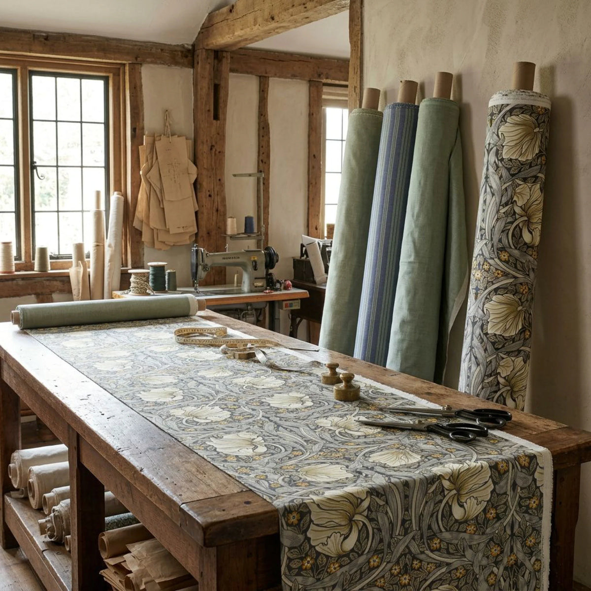 William Morris Pimpernel fabric in Heritage Greige and Ochre on a maker's table with brass shears and bolts