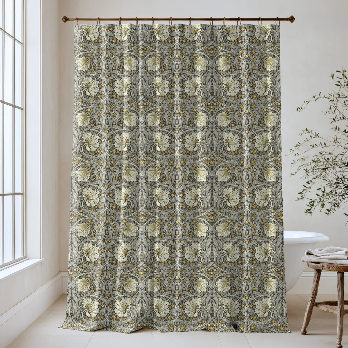 William Morris Pimpernel extra long shower curtain in Heritage Greige & Ochre 4484: cream tulips with ochre-gold accents on a muted olive-greige ground. Floor-length cotton sateen hung from a high-mounted rod in a bright bathroom, handmade to order in 84, 96 and 108 inch lengths.