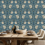 William Morris Wallpaper Pimpernel in Heritage Blue. Farmhouse dining room featuring botanical Arts and Crafts wallpaper in blue