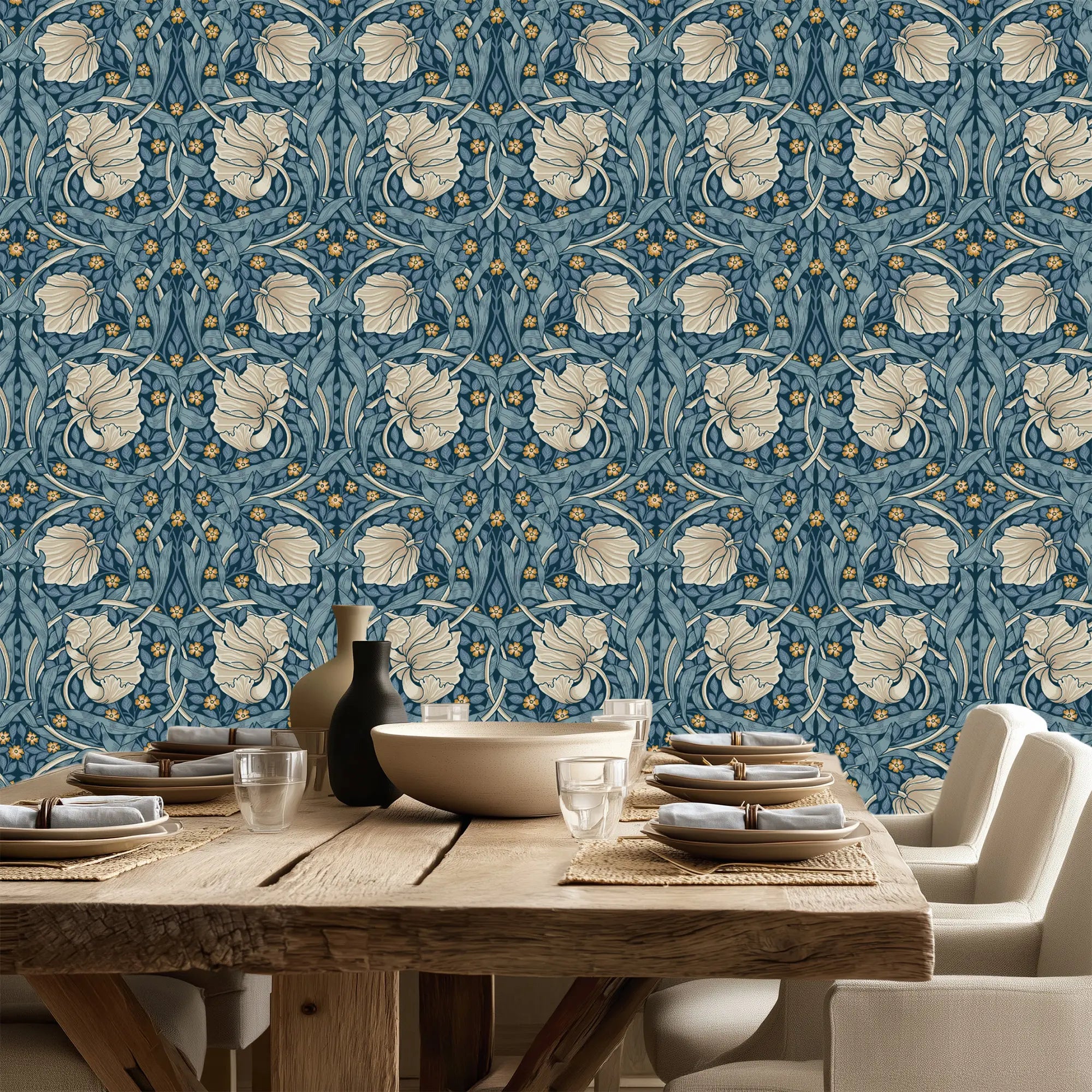William Morris Wallpaper Pimpernel in Heritage Blue. Farmhouse dining room featuring botanical Arts and Crafts wallpaper in blue