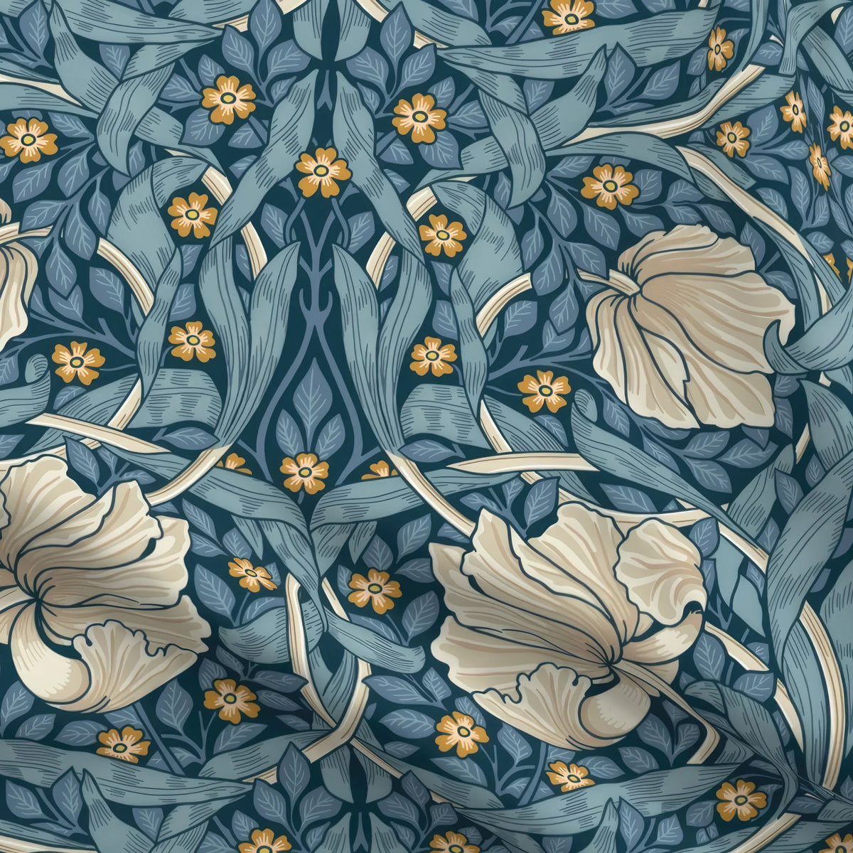 William Morris Pimpernel upholstery fabric by the yard in Heritage Blue, close view of the cloth