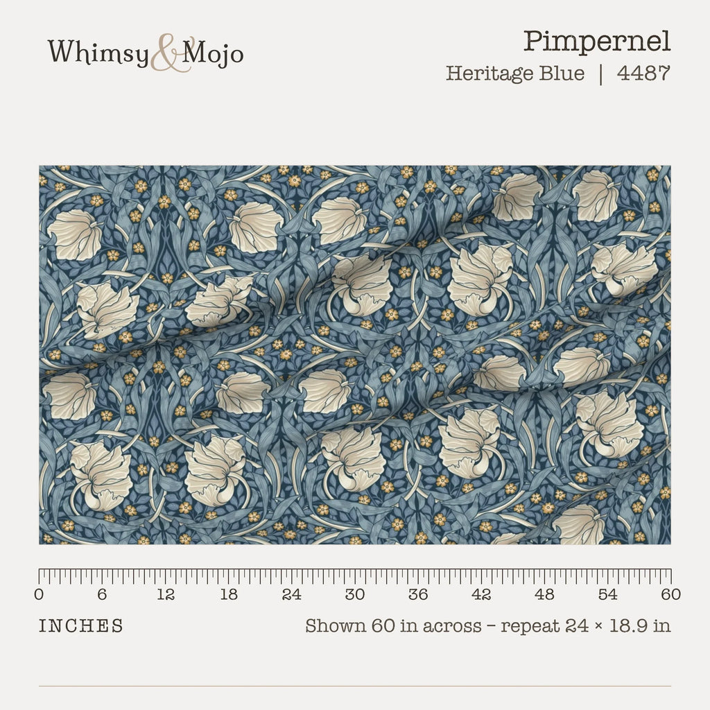 Pimpernel in Heritage Blue shown 60 inches across with a ruler, pattern repeat 24 by 18.9 inches