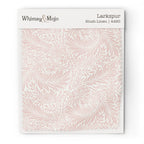 Larkspur Blush Linen 4490 colorway swatch: soft blush-pink larkspur on a warm linen ground. William Morris 1872 larkspur flowers and scrolling leaves in two close tones, as printed on cotton sateen.