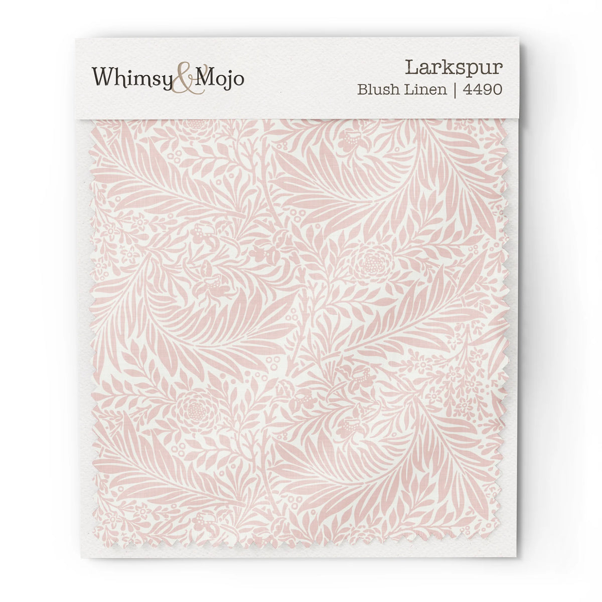 Larkspur Blush Linen 4490 colorway swatch: soft blush-pink larkspur on a warm linen ground. William Morris 1872 larkspur flowers and scrolling leaves in two close tones, as printed on cotton sateen.