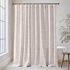 William Morris Larkspur extra long shower curtain in Blush Linen 4490: soft blush-pink larkspur on a warm linen ground. Floor-length tone-on-tone cotton sateen hung from a high-mounted rod in a bright bathroom, handmade to order in 84, 96 and 108 inch lengths.