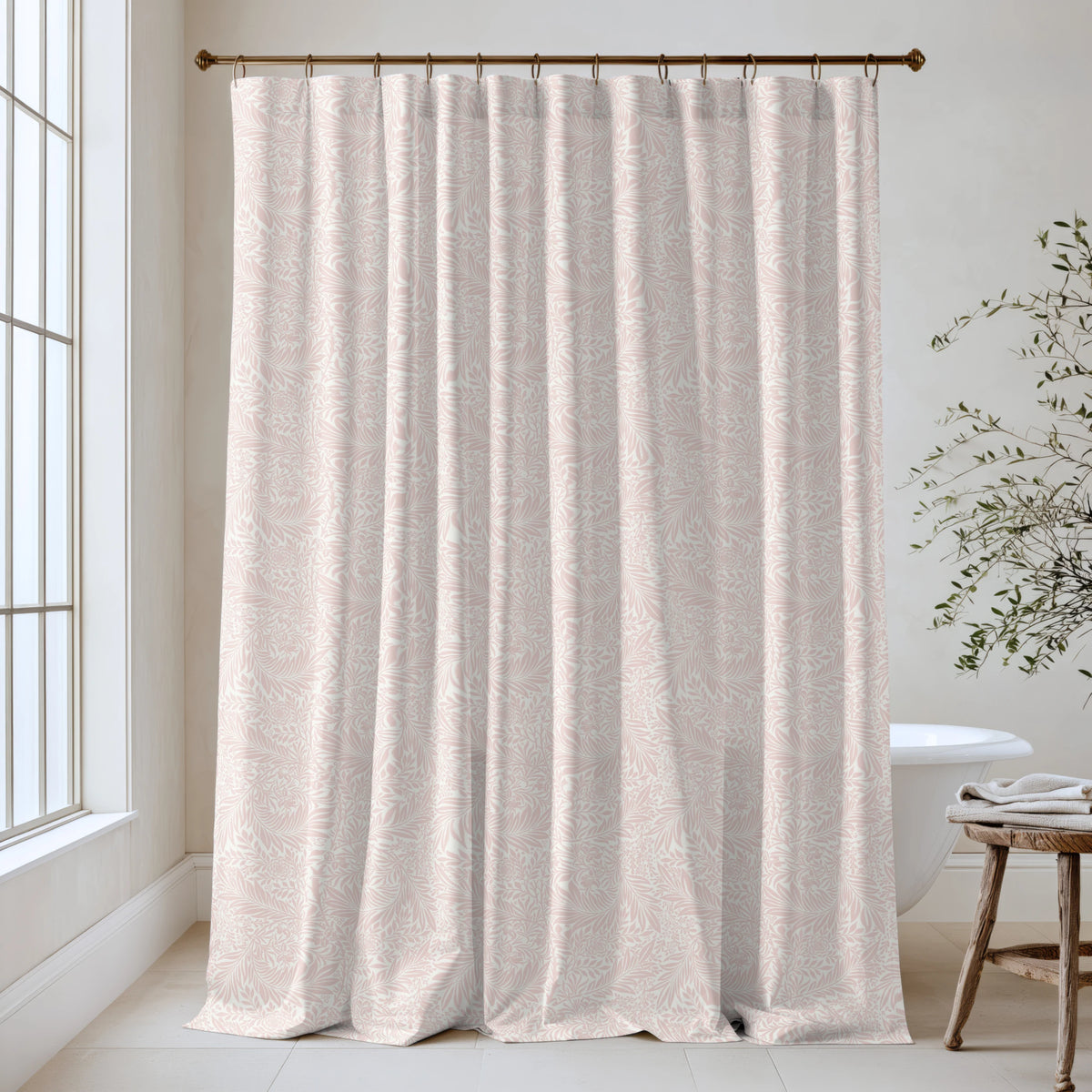 William Morris Larkspur extra long shower curtain in Blush Linen 4490: soft blush-pink larkspur on a warm linen ground. Floor-length tone-on-tone cotton sateen hung from a high-mounted rod in a bright bathroom, handmade to order in 84, 96 and 108 inch lengths.