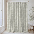William Morris Larkspur extra long shower curtain in Olive Greige 4494: cool olive-khaki larkspur on a greige ground. Floor-length tone-on-tone cotton sateen hung from a high-mounted rod in a bright bathroom, handmade to order in 84, 96 and 108 inch lengths.