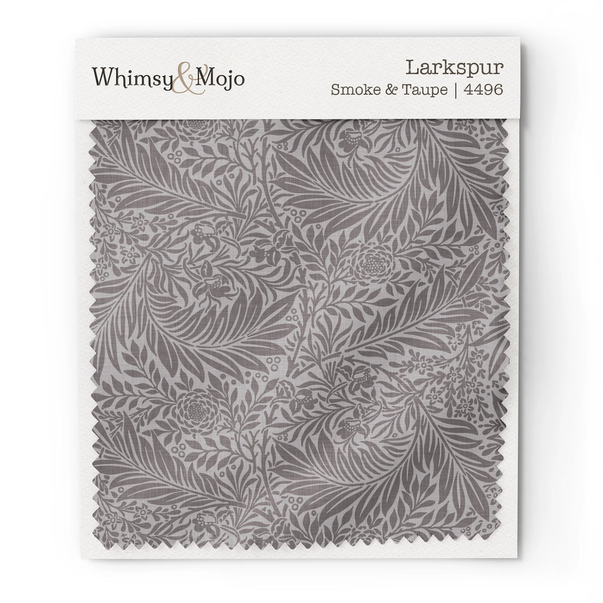 Larkspur Smoke & Taupe 4496 colorway swatch: smoky taupe larkspur on a warm mushroom ground. William Morris 1872 larkspur flowers and scrolling leaves in two close tones, as printed on cotton sateen.
