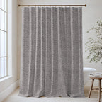 William Morris Larkspur extra long shower curtain in Smoke & Taupe 4496: smoky taupe larkspur on a warm mushroom ground. Floor-length tone-on-tone cotton sateen hung from a high-mounted rod in a bright bathroom, handmade to order in 84, 96 and 108 inch lengths.