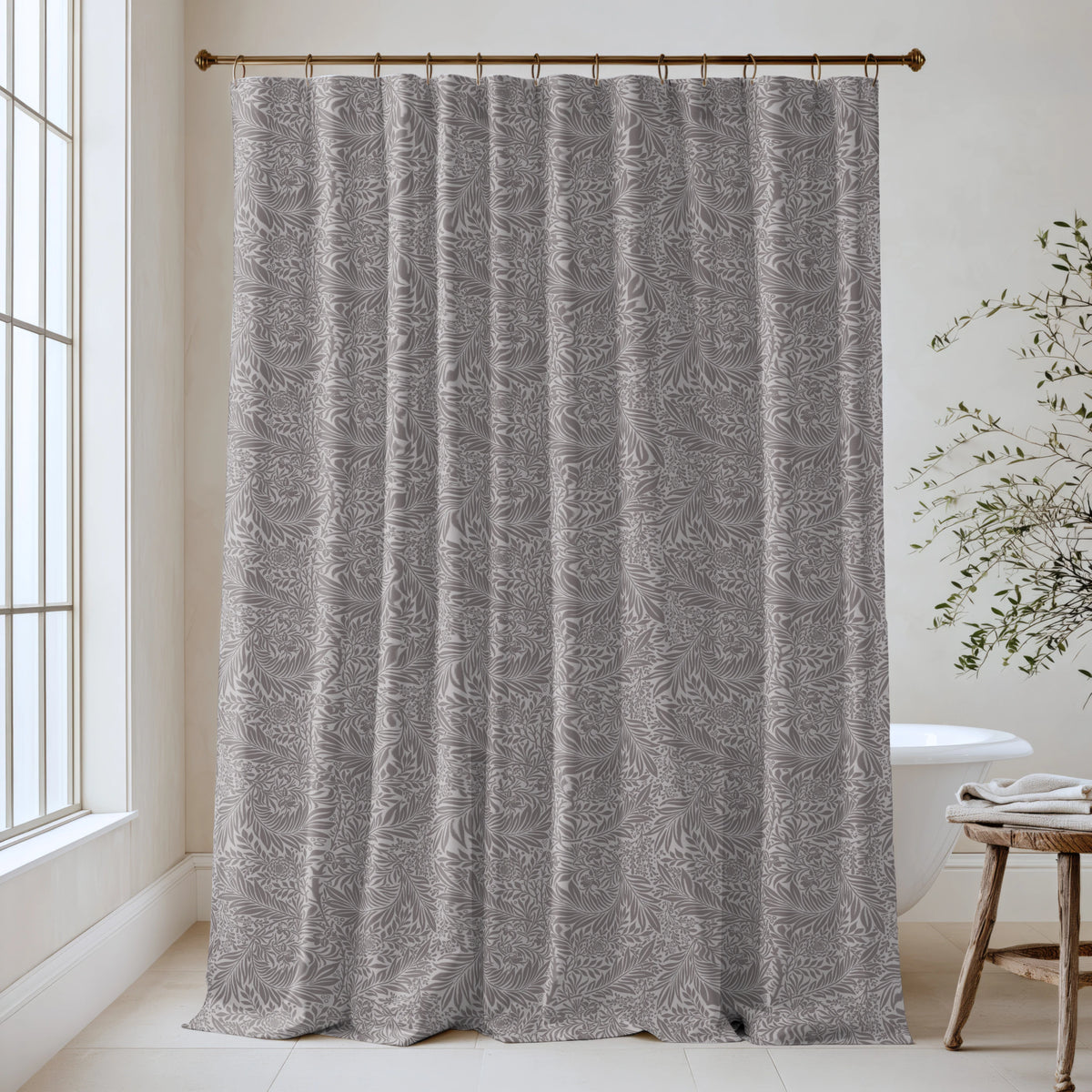 William Morris Larkspur extra long shower curtain in Smoke & Taupe 4496: smoky taupe larkspur on a warm mushroom ground. Floor-length tone-on-tone cotton sateen hung from a high-mounted rod in a bright bathroom, handmade to order in 84, 96 and 108 inch lengths.