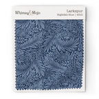 Larkspur Nightfall Blue 4510 colorway swatch: deep navy larkspur on a dusky midnight-blue ground. William Morris 1872 larkspur flowers and scrolling leaves in two close tones, as printed on cotton sateen.