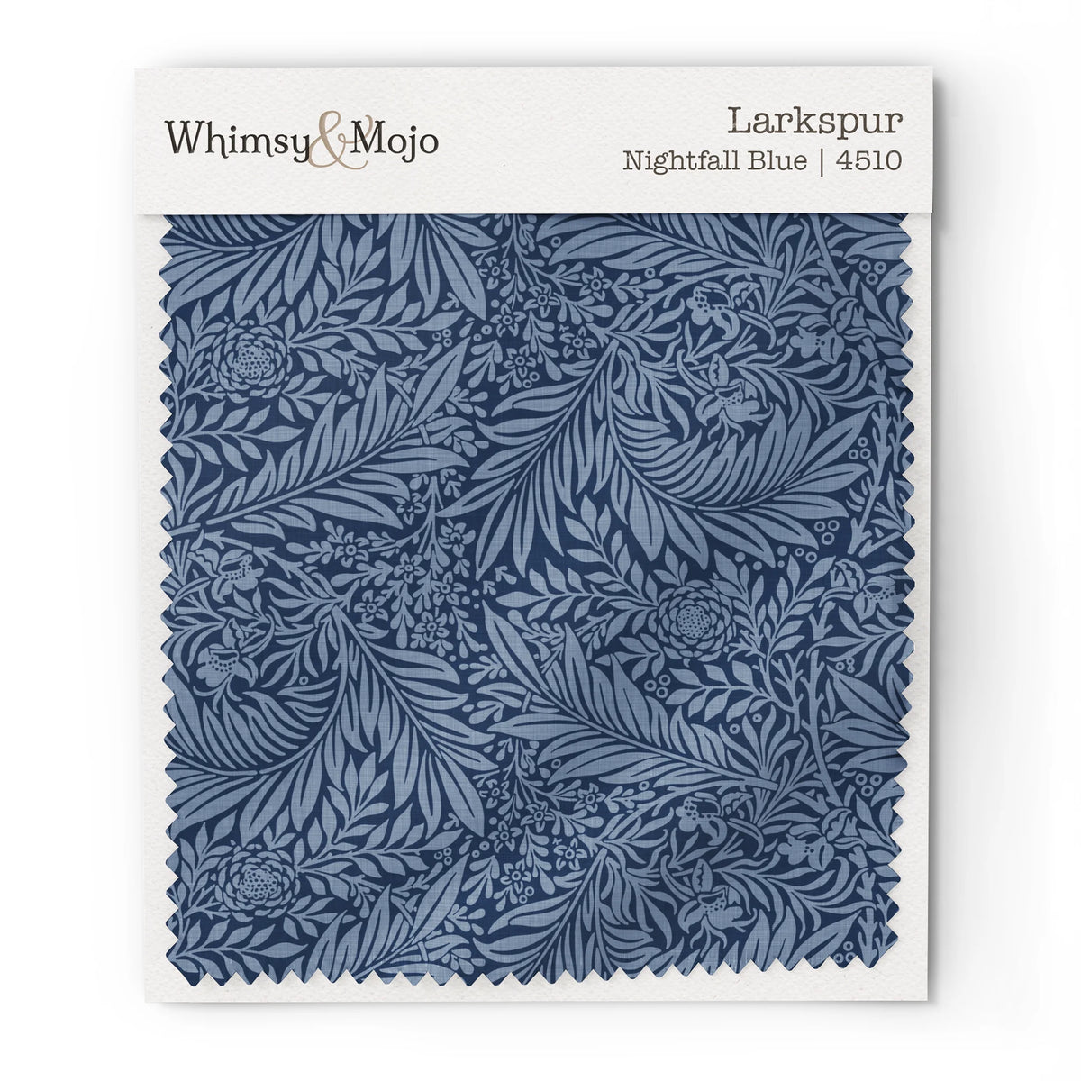 Larkspur Nightfall Blue 4510 colorway swatch: deep navy larkspur on a dusky midnight-blue ground. William Morris 1872 larkspur flowers and scrolling leaves in two close tones, as printed on cotton sateen.