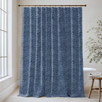 William Morris Larkspur extra long shower curtain in Nightfall Blue 4510: deep navy larkspur on a dusky midnight-blue ground. Floor-length tone-on-tone cotton sateen hung from a high-mounted rod in a bright bathroom, handmade to order in 84, 96 and 108 inch lengths.