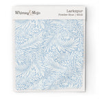 Larkspur Powder Blue 4512 colorway swatch: pale powder-blue larkspur on a soft white ground. William Morris 1872 larkspur flowers and scrolling leaves in two close tones, as printed on cotton sateen.