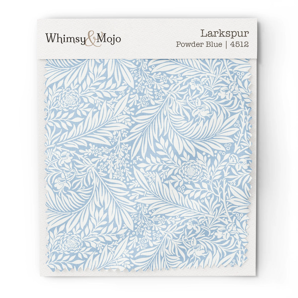 Larkspur Powder Blue 4512 colorway swatch: pale powder-blue larkspur on a soft white ground. William Morris 1872 larkspur flowers and scrolling leaves in two close tones, as printed on cotton sateen.