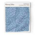 Larkspur Cornflower Blue 4533 colorway swatch: cornflower-blue larkspur on a lighter blue ground. William Morris 1872 larkspur flowers and scrolling leaves in two close tones, as printed on cotton sateen.