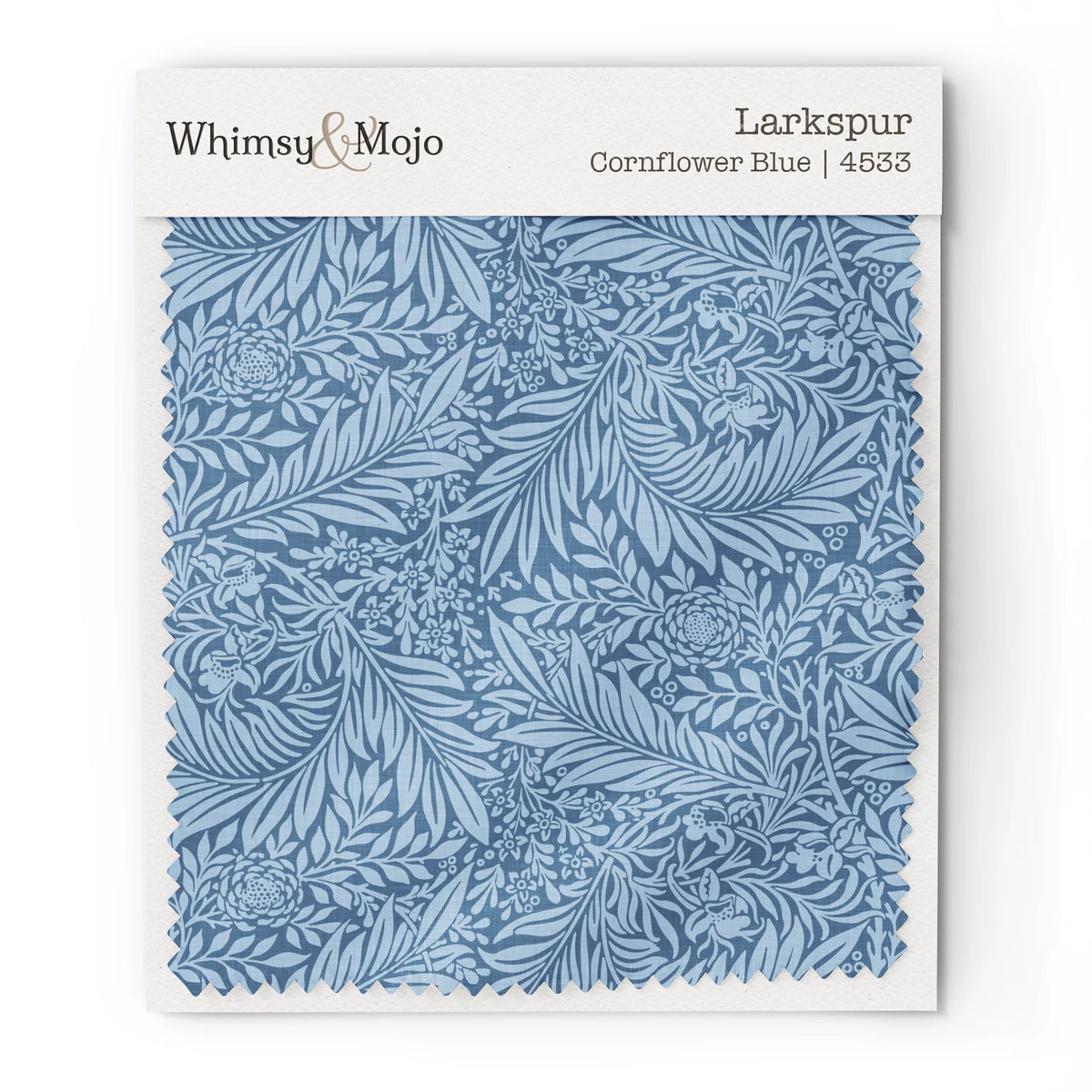 Larkspur Cornflower Blue 4533 colorway swatch: cornflower-blue larkspur on a lighter blue ground. William Morris 1872 larkspur flowers and scrolling leaves in two close tones, as printed on cotton sateen.