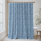 William Morris Larkspur extra long shower curtain in Cornflower Blue 4533: cornflower-blue larkspur on a lighter blue ground. Floor-length tone-on-tone cotton sateen hung from a high-mounted rod in a bright bathroom, handmade to order in 84, 96 and 108 inch lengths.