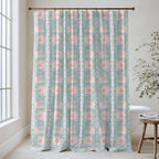 William Morris Pimpernel extra long shower curtain in Cottage Sunrise 4549: blush-peach tulips, sage leaves and periwinkle-blue foliage with lilac blossoms on a white ground. Floor-length cotton sateen hung from a high-mounted rod in a bright bathroom, handmade to order in 84, 96 and 108 inch lengths.