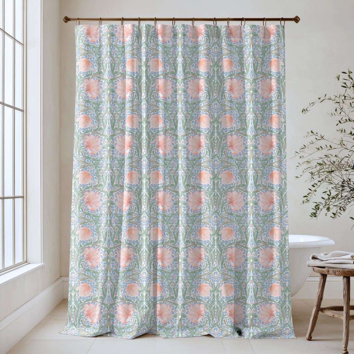 William Morris Pimpernel extra long shower curtain in Cottage Sunrise 4549: blush-peach tulips, sage leaves and periwinkle-blue foliage with lilac blossoms on a white ground. Floor-length cotton sateen hung from a high-mounted rod in a bright bathroom, handmade to order in 84, 96 and 108 inch lengths.