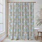 William Morris Pimpernel extra long shower curtain in Cottage Blue & Rose 4550: soft blue tulips, sage leaves and pink primroses on a warm cream ground. Floor-length cotton sateen hung from a high-mounted rod in a bright bathroom, handmade to order in 84, 96 and 108 inch lengths.