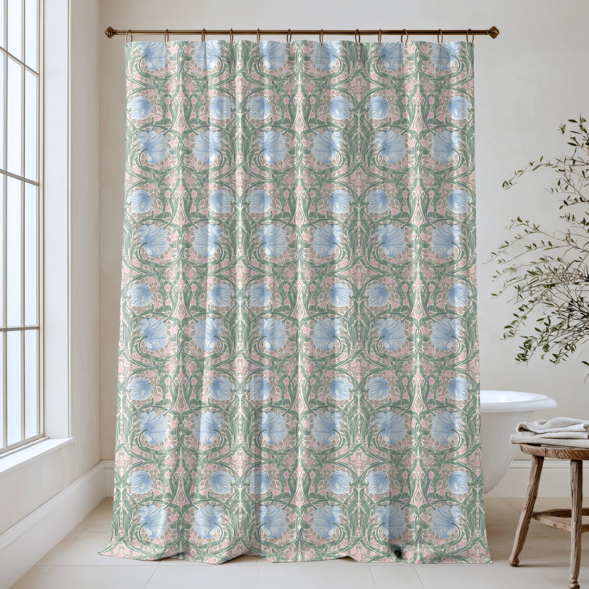 William Morris Pimpernel extra long shower curtain in Cottage Blue & Rose 4550: soft blue tulips, sage leaves and pink primroses on a warm cream ground. Floor-length cotton sateen hung from a high-mounted rod in a bright bathroom, handmade to order in 84, 96 and 108 inch lengths.
