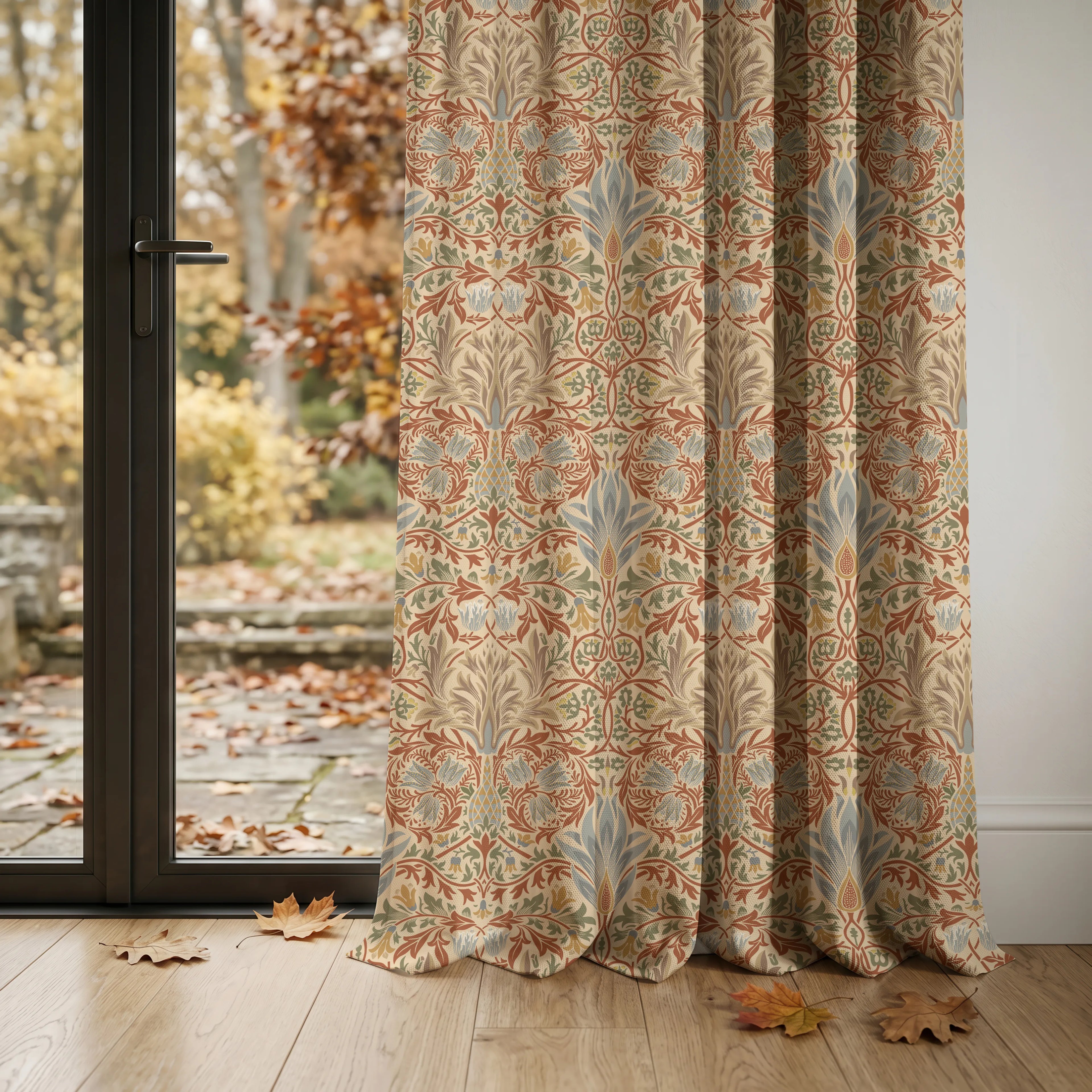 Snakeshead William Morris curtains styled in room with natural autumn light, vintage botanical window treatment