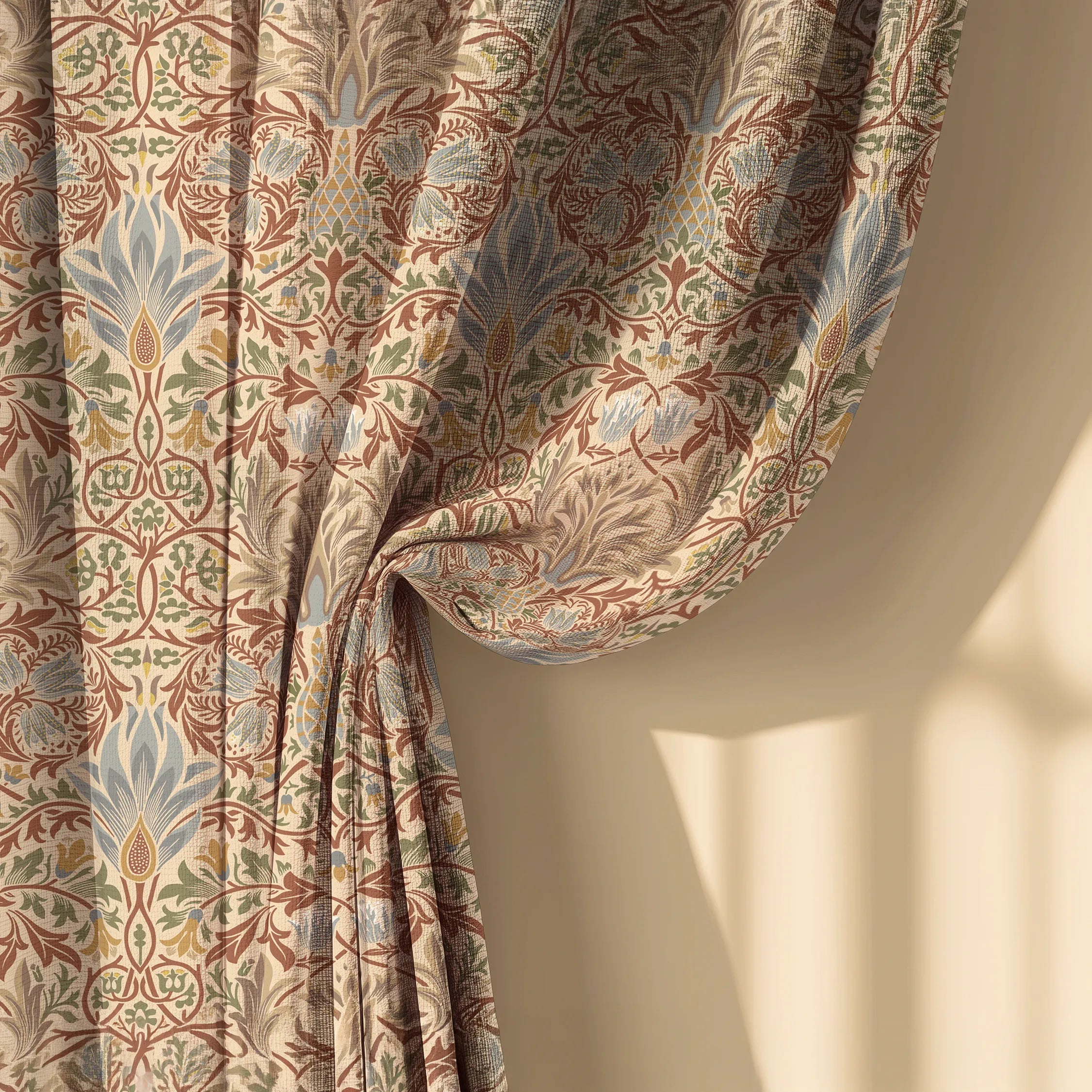 William Morris Snakeshead curtain fabric detail, soft folds showing botanical floral pattern. Harvest Grove colorway