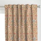 William Morris curtain panels hanging evenly across window, classic Snakeshead botanical pattern in Harvest Grove colorway