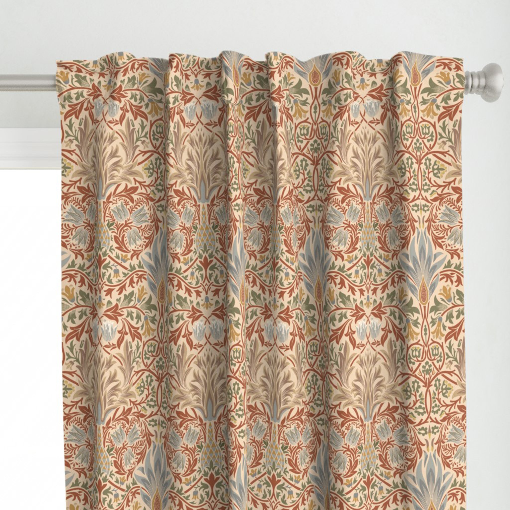 William Morris curtain panels hanging evenly across window, classic Snakeshead botanical pattern in Harvest Grove colorway