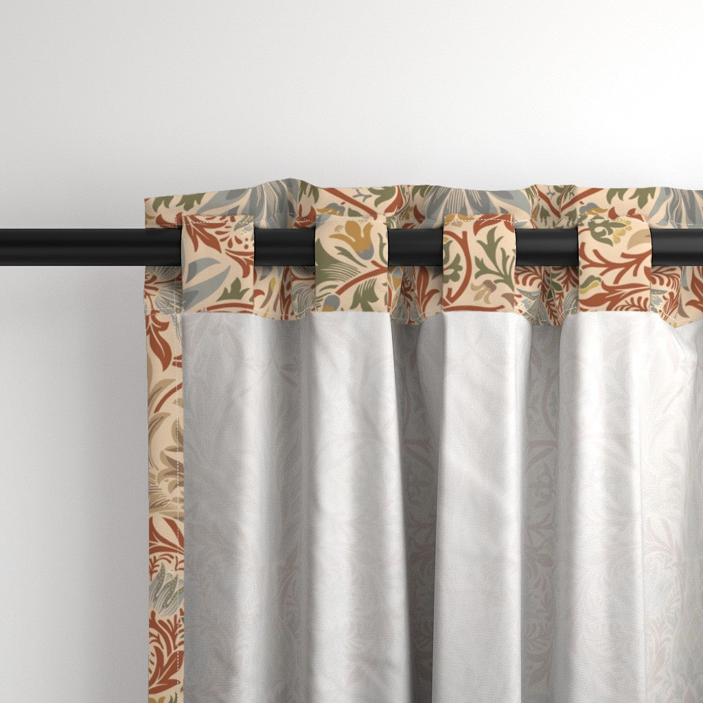 Snakeshead by William Morris curtain panel shown with hanging tabs.Harvest Grove colorway