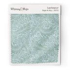 Larkspur Sage & Sky 4573 colorway swatch: soft aqua-sage larkspur on a pale sky-blue ground. William Morris 1872 larkspur flowers and scrolling leaves in two close tones, as printed on cotton sateen.
