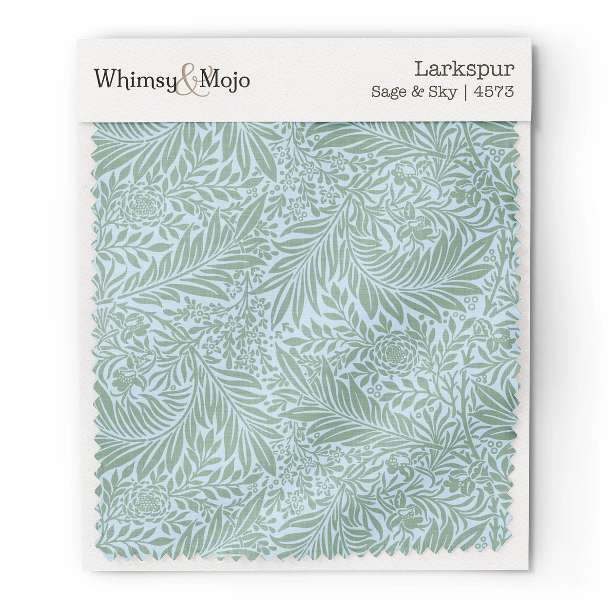 Larkspur Sage & Sky 4573 colorway swatch: soft aqua-sage larkspur on a pale sky-blue ground. William Morris 1872 larkspur flowers and scrolling leaves in two close tones, as printed on cotton sateen.