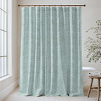 William Morris Larkspur extra long shower curtain in Sage & Sky 4573: soft aqua-sage larkspur on a pale sky-blue ground. Floor-length tone-on-tone cotton sateen hung from a high-mounted rod in a bright bathroom, handmade to order in 84, 96 and 108 inch lengths.