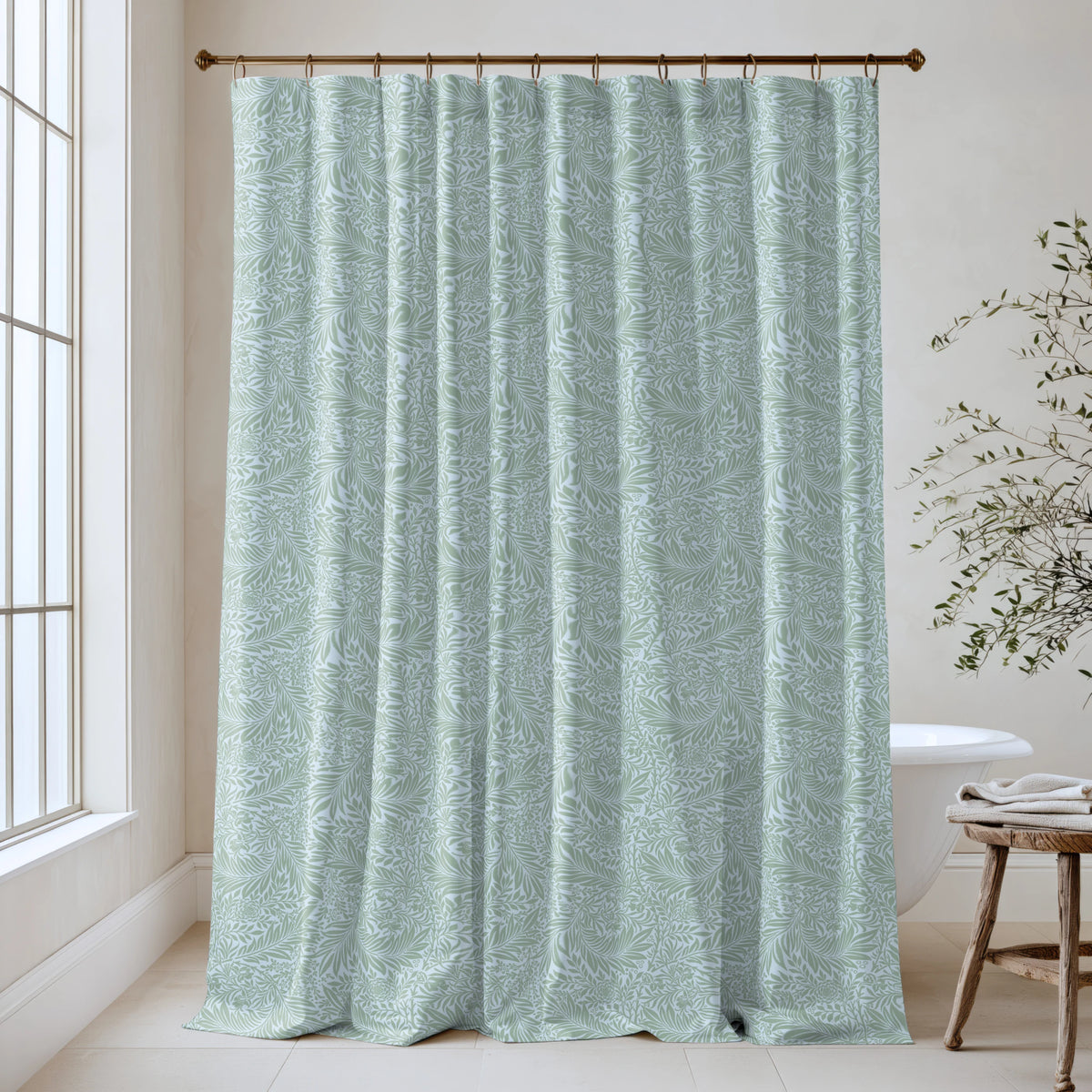 William Morris Larkspur extra long shower curtain in Sage & Sky 4573: soft aqua-sage larkspur on a pale sky-blue ground. Floor-length tone-on-tone cotton sateen hung from a high-mounted rod in a bright bathroom, handmade to order in 84, 96 and 108 inch lengths.