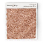 Larkspur Terracotta Rose 4723 colorway swatch: warm terracotta-rose larkspur on a dusty clay ground. William Morris 1872 larkspur flowers and scrolling leaves in two close tones, as printed on cotton sateen.