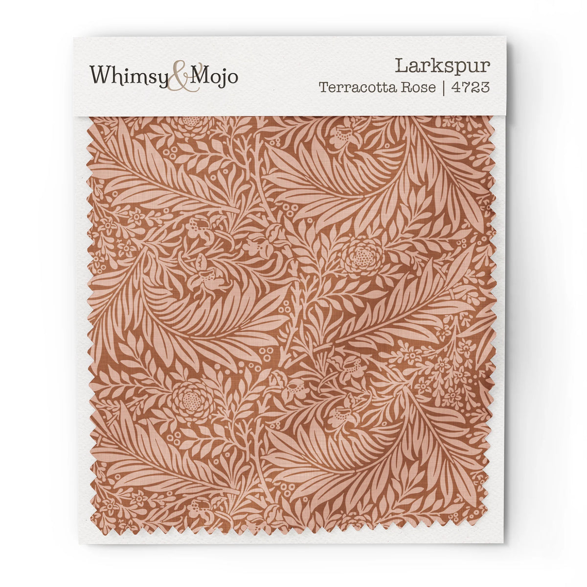 Larkspur Terracotta Rose 4723 colorway swatch: warm terracotta-rose larkspur on a dusty clay ground. William Morris 1872 larkspur flowers and scrolling leaves in two close tones, as printed on cotton sateen.