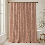 William Morris Larkspur extra long shower curtain in Terracotta Rose 4723: warm terracotta-rose larkspur on a dusty clay ground. Floor-length tone-on-tone cotton sateen hung from a high-mounted rod in a bright bathroom, handmade to order in 84, 96 and 108 inch lengths.