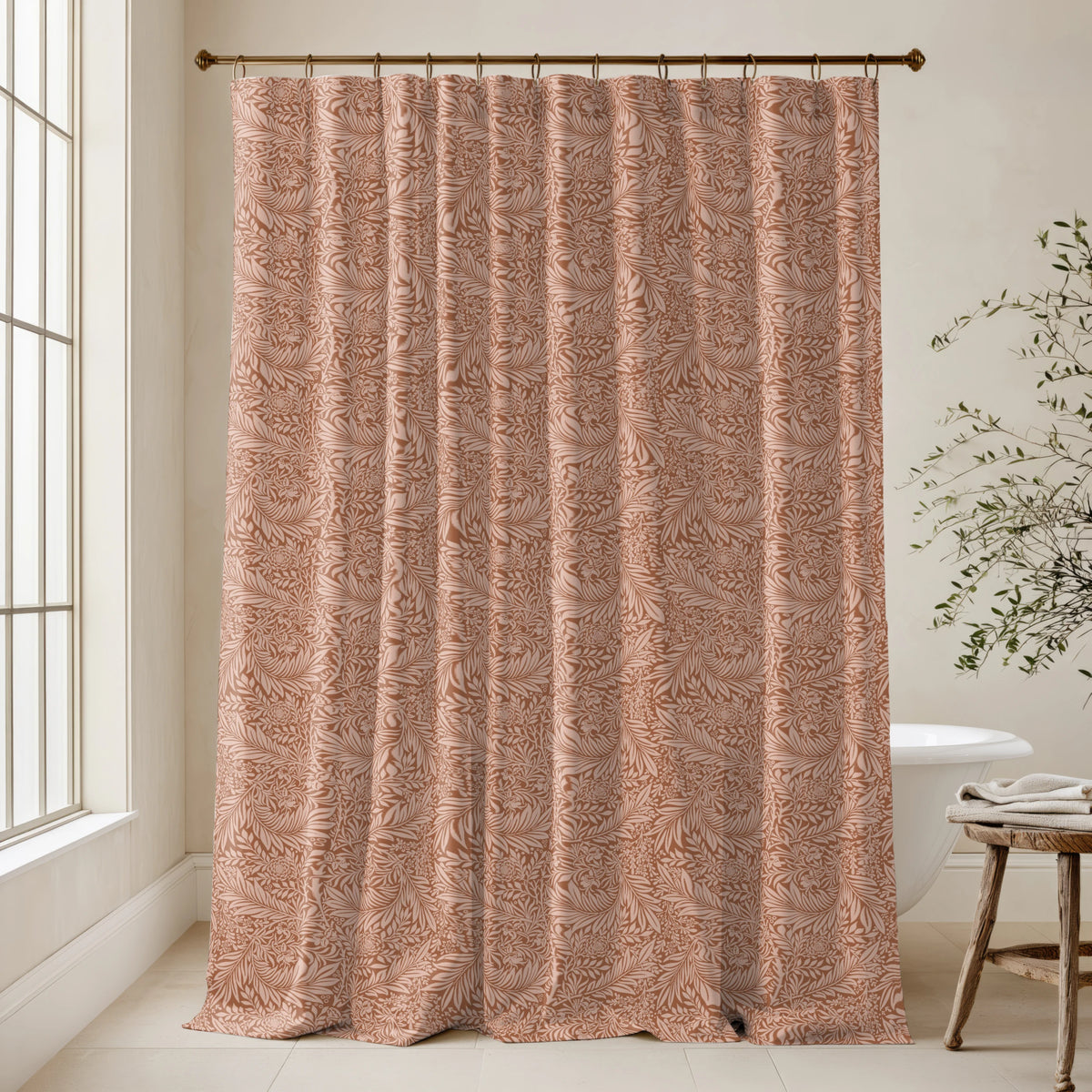 William Morris Larkspur extra long shower curtain in Terracotta Rose 4723: warm terracotta-rose larkspur on a dusty clay ground. Floor-length tone-on-tone cotton sateen hung from a high-mounted rod in a bright bathroom, handmade to order in 84, 96 and 108 inch lengths.